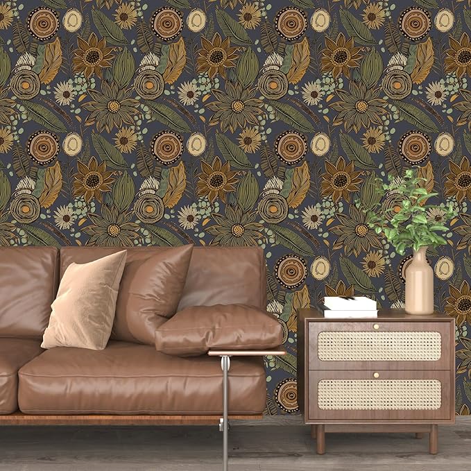 Boho Wallpaper Peel and Stick, Vintage Blue Yellow Floral Contact Paper 17.5" x