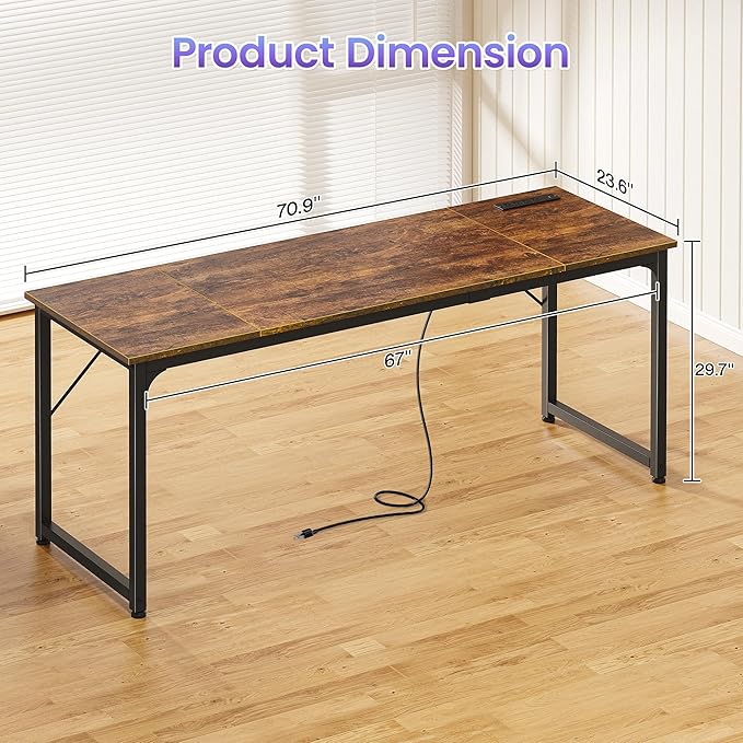 PRAISUN 70 X 24 Inch Office Computer Desk with Power Outlets and USB-C Port, Larger and Longer Gaming Desk, for Home Office, Study, Writing Work from Home Table, Metal Frame, Rustic Brown