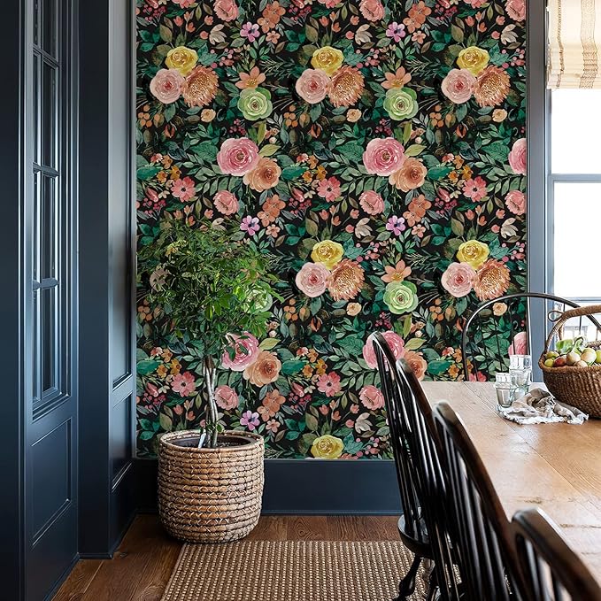 JiffDiff Dark Floral Peel and Stick Wallpaper 236.22" L x 17.7" W Black