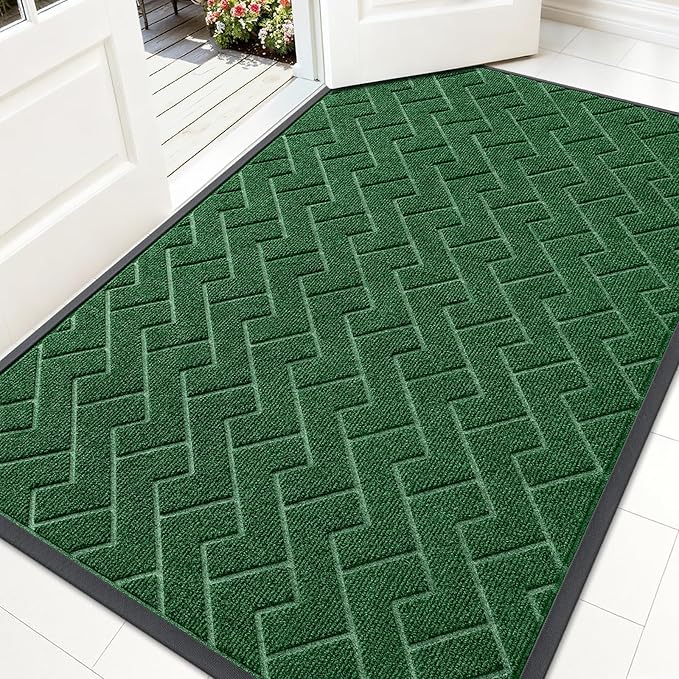 OLANLY Front Door Mat Indoor Outdoor Entrance, Waterproof All-Season, All-Weather Doormat, Sturdy Natural Rubber, Low Profile, Easy Clean Patio Porch Entryway Mat, Herringbone Brick (Green, 71x47)