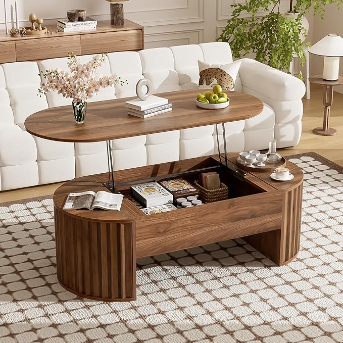 WILLIAMSPACE 47.2'' Lift Top Coffee Table with Hidden Compartment Storage, Modern Wooden Oval Center Table Accent Lift Tabletop Tea Table for Living Room, Walnut