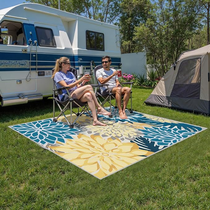 Colorful 4x6 Outdoor Area Rug Washable Rugs Multicolored Patio Rug Tropical Botanical Floral Chenille Outdoor Carpet Non Slip for RV, Pool Deck, Backyard, Porch, Ocean Dahlia