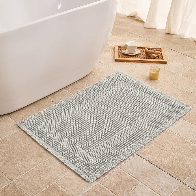 Waffle Bath Mat Non Slip, Boho Bathroom Rug, Super Absorbent Quick Dry Bathroom Mat, Soft Farmhouse Bath Rug with Tassels, Small Washable Shower Mats for Floor 16"x24", Square Light Grey
