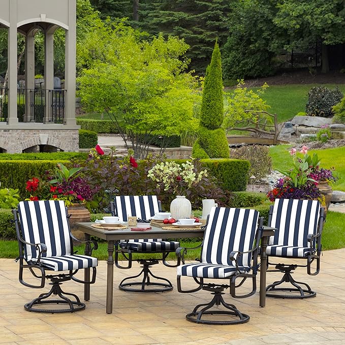 Arden Outdoor Patio Dining Chair Cushion, 20x44, Rain-Proof Seat Pad, Fade-Resistant Outdoor Cushion Sapphire Blue Cabana Stripe