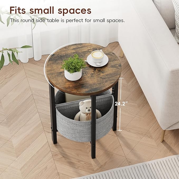 Vagusicc Small Round Side Table, Accent End Table with Storage Basket, Set of 2 Half Round Coffee Table End Table, Half Moon Bedside Table, Modern Nightstand Couch Table for Living Room Bedroom, Brown