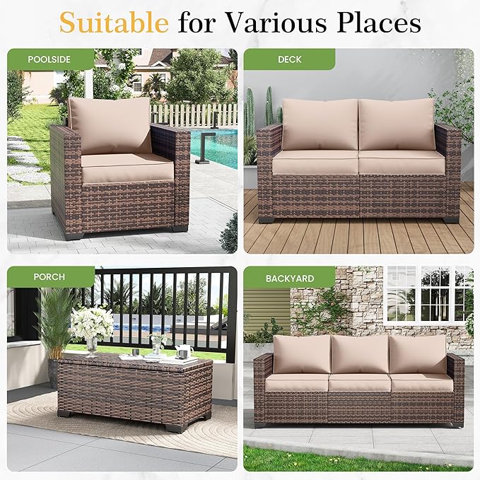 Amopatio Wicker Outdoor Sofa & Patio Couch Set - High Back Waterproof Patio Furniture Single Armrest Chair with Non-Slip Cushions, Outdoor Furniture Cover, Khaki