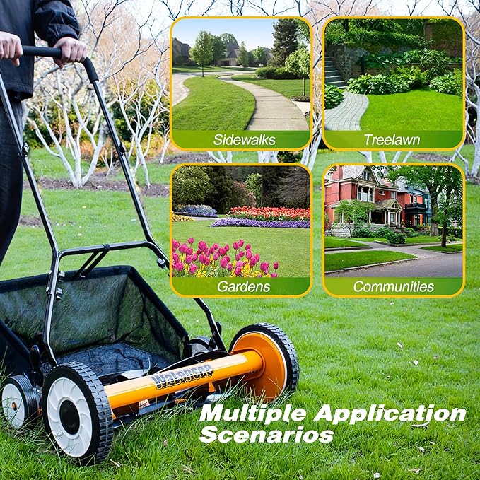Walensee 18-Inch 5-Blade Push Reel Lawn Mower, Cordless Manual Reel Lawn Mower Walk-Behind Steel Lawn Mowers with Removable 10-Gallon Grass Catcher, Sponge Grip, 9-Position Cutting Height Adjustment