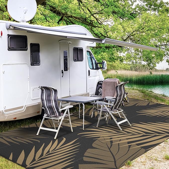 GENIMO Outdoor Rug 10' x 14' Waterproof for Patios Clearance, Reversible Outdoor Plastic Straw Camping Rug Carpet, Large Area Rugs Mats for RV, Camper, Deck, Balcony, Porch, Beach, Picnic, Black&Brown
