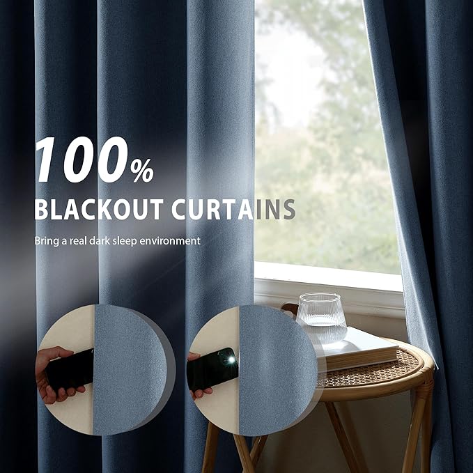 NICETOWN Stone Blue Full Shade Faux Linen Curtain Panels 90" Long, Pair of