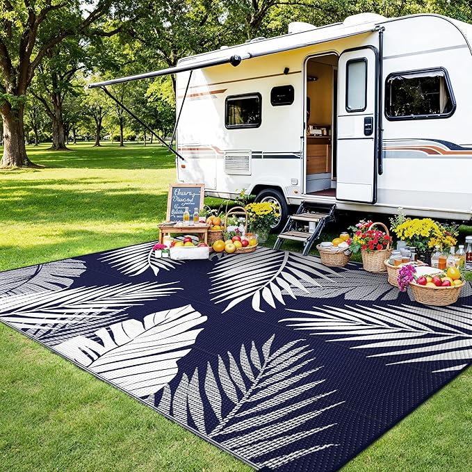 Outdoor Rug 8’x10’ Waterproof for Patio Clearance, Reversible Indoor Outdoor Plastic Straw Camping Rug Carpet, RV Mat, Large Area Rug for Deck, Backyard, Balcony, Porch, Beach, Blue & White
