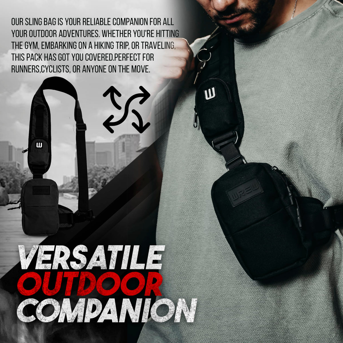 WREW Small Sling Bag for Men-Cross body bag with Shoulder Straps,Mini Sling Crossbody bag for Women-Travel Backpack for Hiking,Daypack Multipurpose Over the Shoulder Chest Bags with Keyholder(Black)