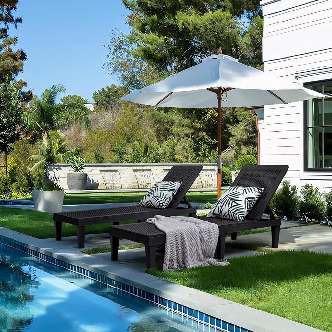 Greesum Outdoor Chaise Lounge Chairs Set of 2 with Adjustable Backrest, Waterproof PE Easy Assembly, Lightweight for Patio, Poolside, Beach, Yard, Black