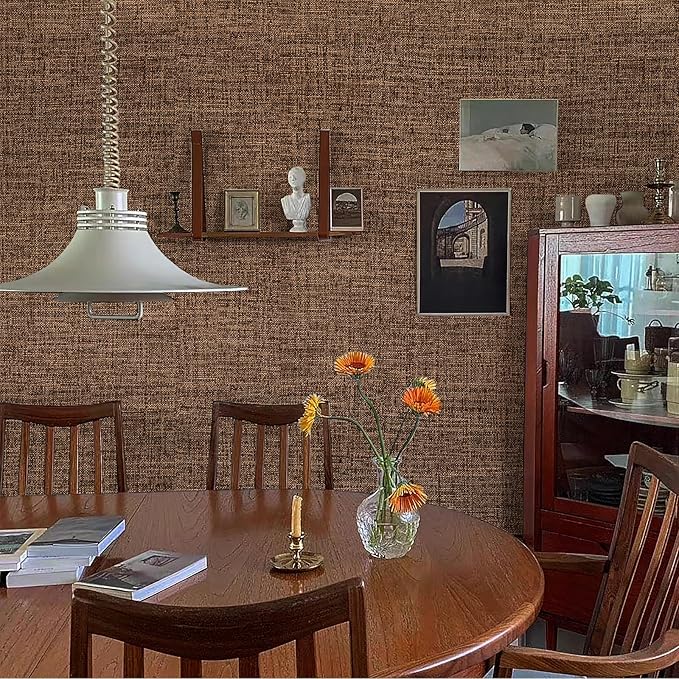 Brown Grasscloth Peel and Stick Wallpaper 17.3"x1200" Faux Linen Textured