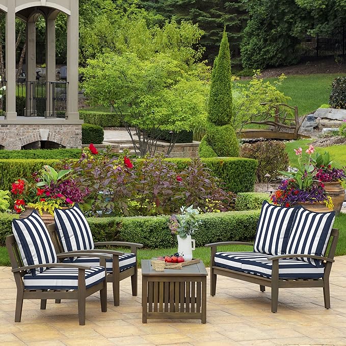 Arden Outdoor Foam Deep Seat Cushion Set (2-Pack), 24x24, Premium High-Density Foam, Never Flattens, Weather-Proof for Patio Chair Sofa Couch, Sapphire Blue Cabana Stripe
