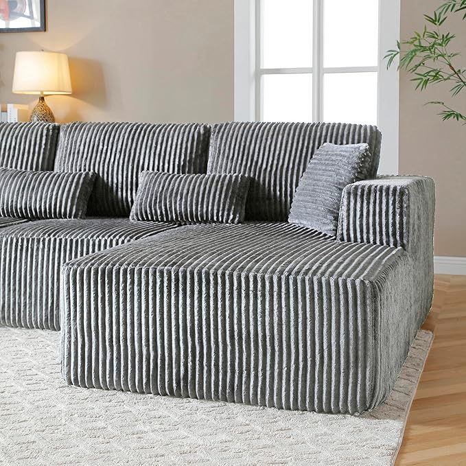 L Shaped Modular Boneless Sectional Couches for Living Room, Wide Armrest, Deep Seat, Memory Foam, Assembly Free, Modern Comfy Corduroy Fluffy Cloud Sofa with Right Chaise, Grey