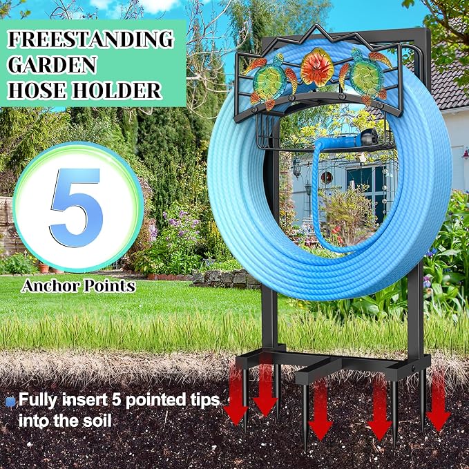 Garden Water Hose Holder with 5 Spikes, Upgraded Freestanding Heavy Duty Hose Hanger Holds 150-feet Hose, Sturdy Hose Stand Storage Rack for Outside Yard Lawn (Black - Turtle)