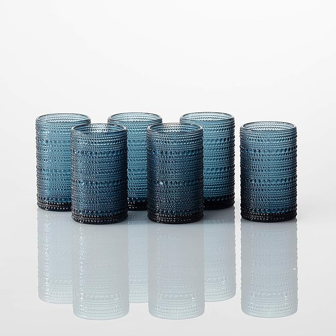 Fortessa Jupiter Beaded Hobnail Glass, 13 Ounce Iced Beverage (Set of 6), Cornflower Blue