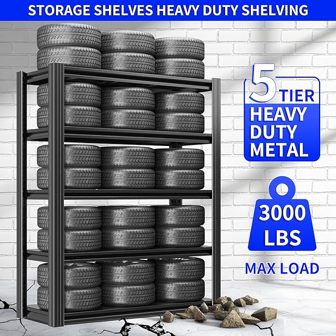 78" H Metal Storage Shelving, 3000LBS Heavy Duty Shelves Unit, Adjustable 5 Tier Storage Rack, Industrial Utility Shelf for Garage, Warehouse, Bedroom, Kitchen,18" D×47.5“W×78”H, Black