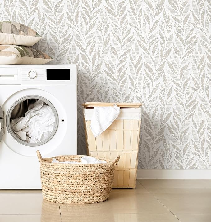 Safiyya 393"x17.3" Boho Peel and Stick Wallpaper Beige and White Wallpaper Leaf