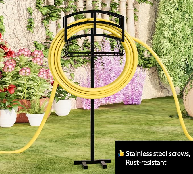 Fire Beauty Garden Hose Holder with Storage Basket,Heavy-Duty,80+ lb Capacity,Rust-Proof Stainless Steel,Organizes 150ft Hose for Patio,Yard, or Garage