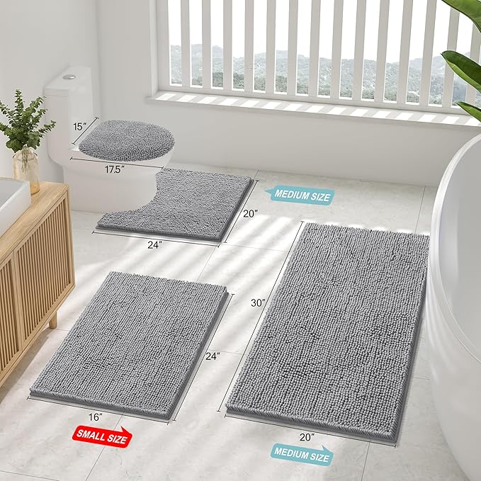 Smiry Luxury Chenille Toilet Rugs U-Shaped 20x20, Soft Absorbent Non-Slip Contour Bathroom Rugs for Toilet, Machine Washable Contoured Bath Mats, Grey