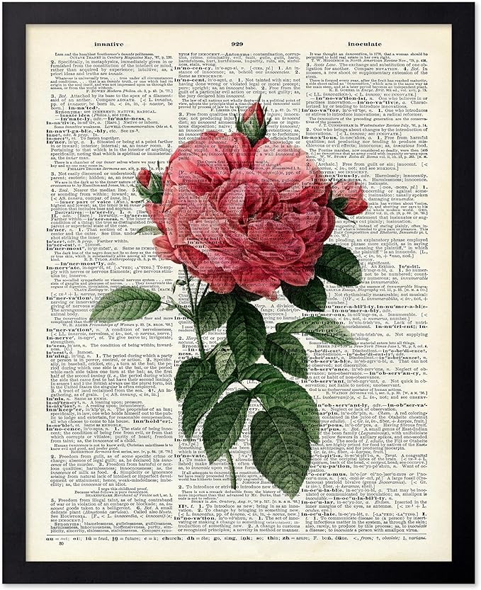 Poster Master Dictionary Art Poster - Pink Roses Print - Flower Art - Floral Art - Gift for Him, Her & Florist - Minimal Decor for Living Room, Bedroom, Dorm or Flower Shop, 8x10 Black Framed
