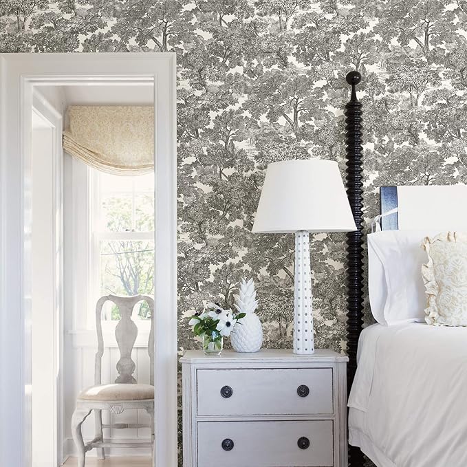 Chesapeake Black Spinney Toile Wallpaper, Strippable, 20.5 in x 33 ft