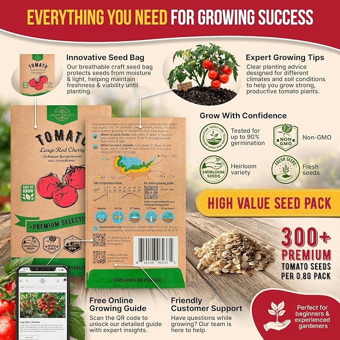 Tomato Large Cherry Seeds Pack 0.8 G - Over 300 of Non-GMO Heirloom Tomato Seeds for Planting Vegetables in Individual Seed Packet, Vegetable Seeds for Planting Home Garden Indoor & Outdoor Gardening