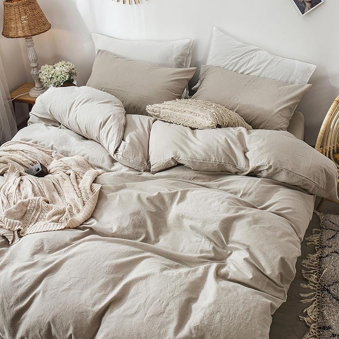 MooMee Bedding Duvet Cover Set 100% Washed Cotton Linen Like Textured Breathable Durable Soft Comfy (Heathered Tannish Linen Grey, Queen 90"x90")