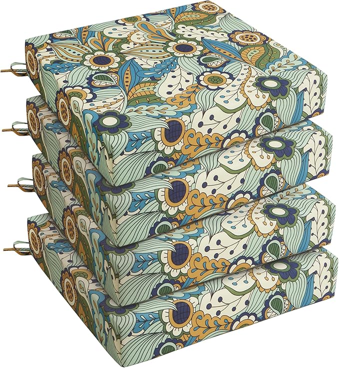 UNIKOME Outdoor Chair Cushions Pack of 4, Water Resistant Patio Cushions with Ties, High Density Sponge Filling Square Corner Seat Cushions for Outdoor Furniture, 24"*24"*4", Sun Flower