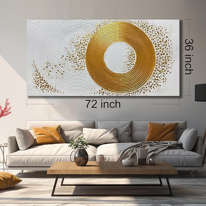 Abstract Circle Hand Painted Wall Art for Office White and Gold Pictures Wall Decor for Bedroom Extra Large Wall Art for Living Room Size 36 x 72 Inch