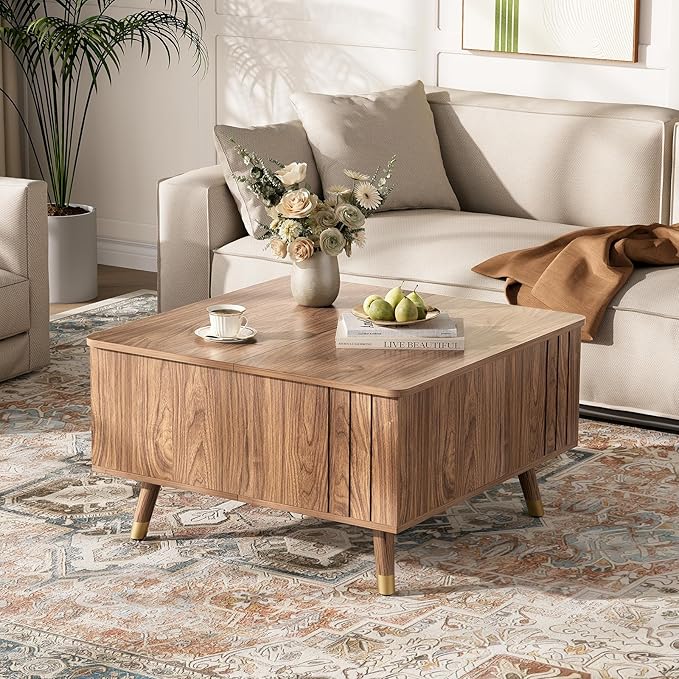 32" Square Lift Top Coffee Table with Storage,Mid Century Modern Walnut Center Table with Rising Desktop for Living Room, Brown Wood Finish