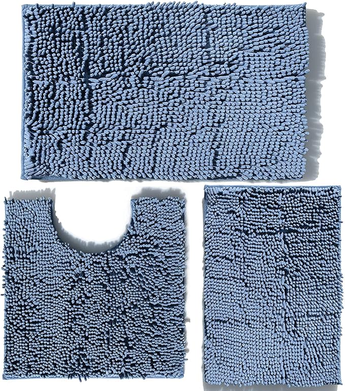 Blue Bathroom Rugs Chenille Bath Mats Set 3 Piece Extra Soft and Absorbent Shaggy Rugs, Machine Wash and Dry, Perfect Plush Bath Mats for Tub, Shower, Bathroom Decor, Washable Carpets Set