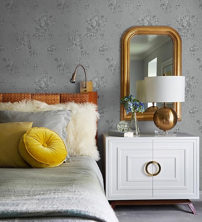 Erfoni 394"x17.7" Grey Floral Embossed Wallpaper