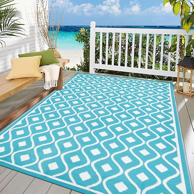 Pauwer Waterproof Outdoor Rug 8x10, Reversible Plastic Straw Patio Camping Rug, Indoor Outdoor RV Mat Carpet for Deck, Camper, Porch, Balcony, Backyard, Picnic, Geometric Teal