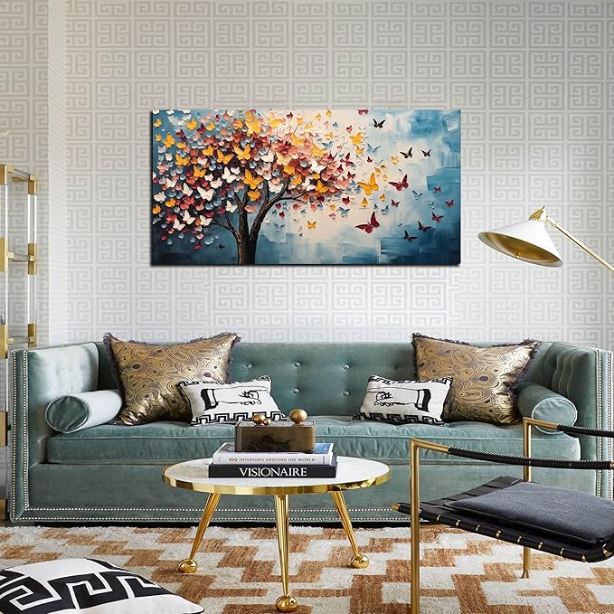Butterfly Tree Canvas Wall Art for Living Room Bedroom Home Office Blue Colorful Tree of Life Wall Art Modern Large Framed Canvas Prints Size 20x40