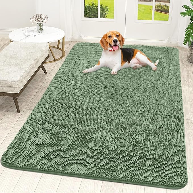 OLANLY Dog Door Mat for Muddy Paws 70x46, Absorbs Moisture and Dirt, Absorbent Non-Slip Washable Doormat, Quick Dry Chenille Mud Mat, Entry Indoor Entryway Carpet for Inside Floor, Olive Green