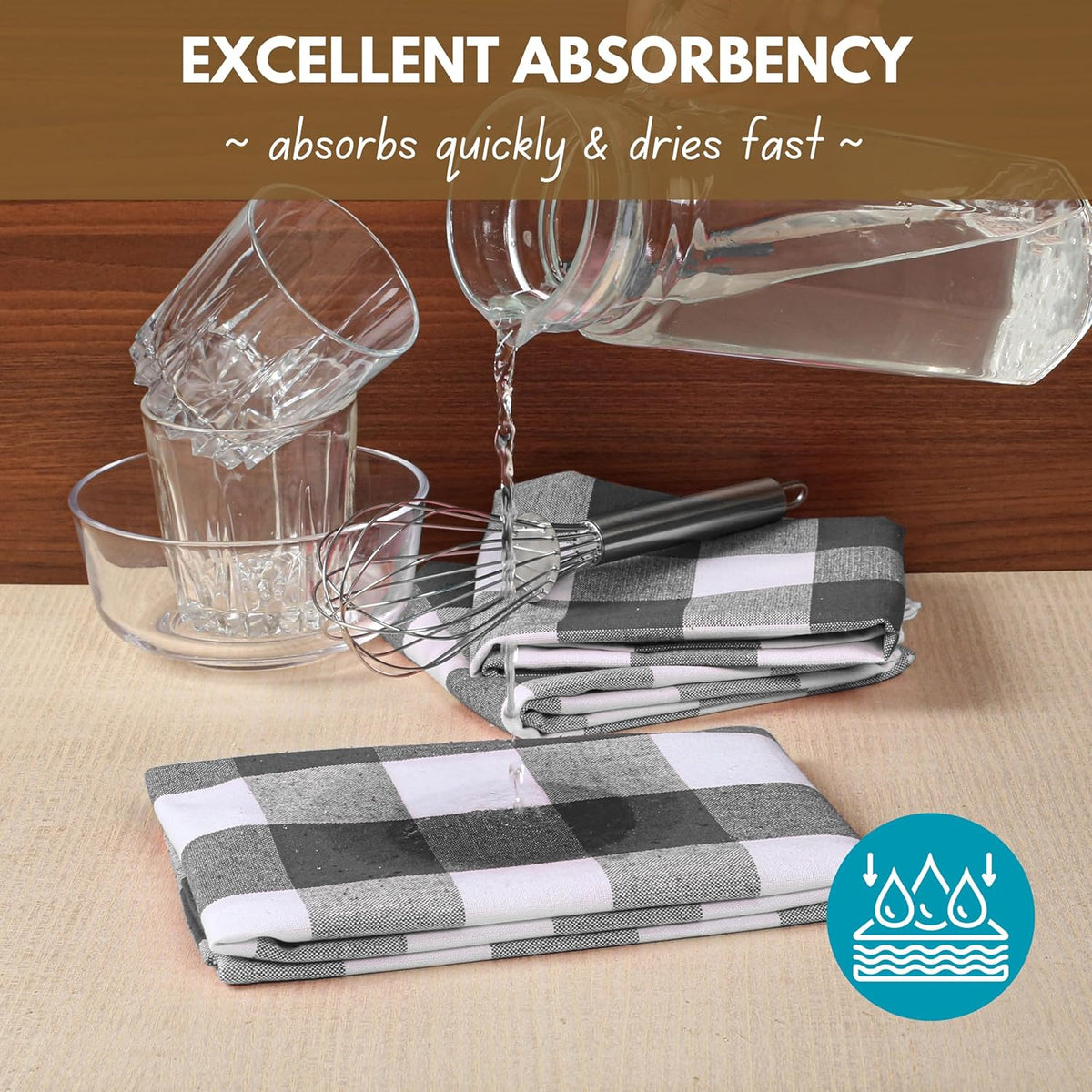 Native Fab 4-Pack Kitchen Towel with Hanging Loop 16x26 inches, Cotton Buffalo Check Kitchen Towels for Cleaning Drying, Washcloths Soft & Absorbent Cloth Rags, Bar Towel, Dish Cloth, Grey