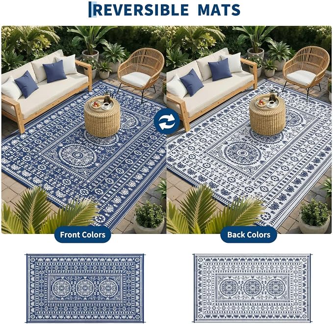 Garvee Reversible Outdoor Rug 6x9 for Patio, Waterproof Outdoor Area Rug, Modern Medallion Indoor Outdoor Rugs, Plastic Straw Rug for RV, Camping, Deck, Vintage Navy