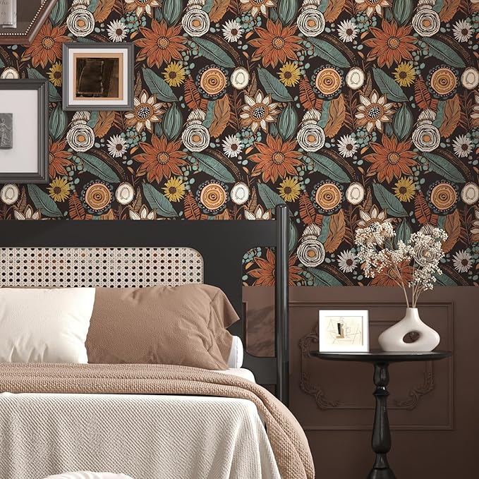 Boho Floral Wallpaper Peel and Stick, Vintage Botanical Contact Paper 17.5" x