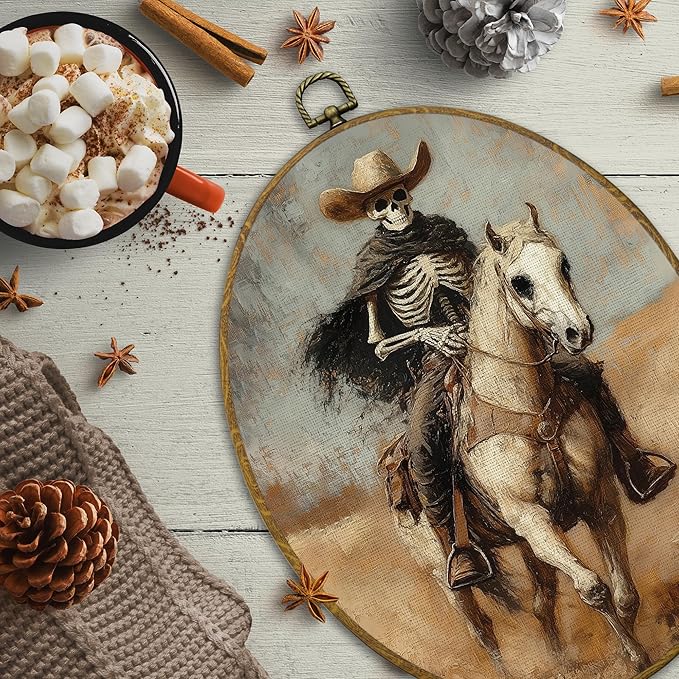 CUANFDDSF Vintage Western Skeleton Oval Wall Art Decor, Gothic Western Wall Hanging Decor, Rustic Country Skeleton Cowboy Rodeo Framed Canvas Prints for Home Bedroom Living Room, 8.6x11.4 Inch