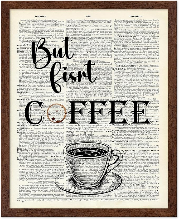 Poster Master Dictionary Art Poster - But First Coffee Print - Cafe Art - Gift for Men, Women, Coffee Lovers & Barista - Funny Decor for Kitchen, Restaurant or Dining Room, 16x20 Brown Framed