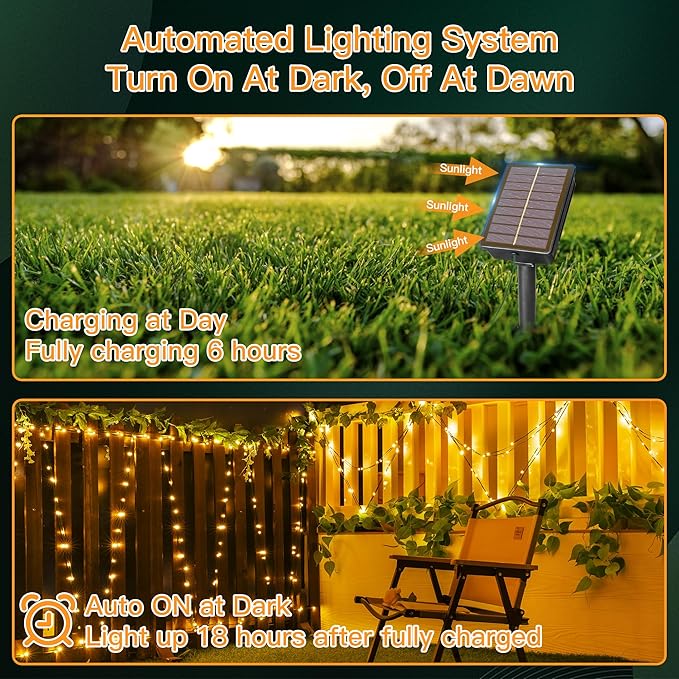 2 Pack Solar String Lights Total 240LED 80FT, IP67 Waterproof String Lights for Outside with 8 Modes, Upgraded Solar Panel Fairy Lights for Garden Party Wedding Decorations (Warm White)