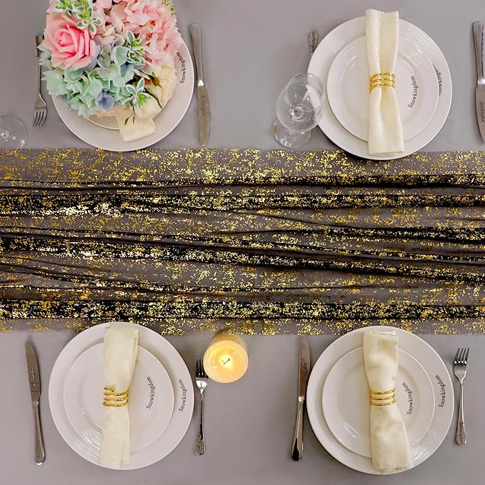 Snowkingdom 6 Pcs Black & Gold Cheesecloth Table Runner 10 FT, Sheer Chiffon Sparkle Gauze Mesh Runners 120 Inch, Glitter Table Centerpieces Decoration for Birthday Party Wedding Christmas Halloween