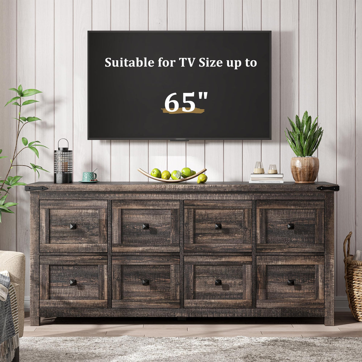 Romorgniz Farmhouse Dresser Dark Oak with 8 Drawers,Wood,Wide,Long,TV Stand for Bedroom Entryway Hallway