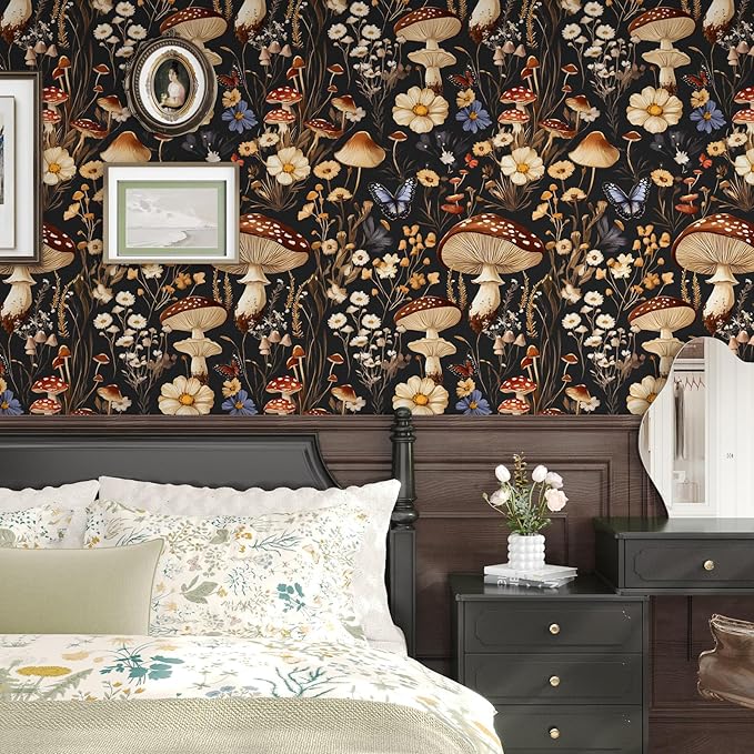 BOKEBEVE Peel and Stick Wallpaper Mushroom Wallpaper Vintage Floral Contact