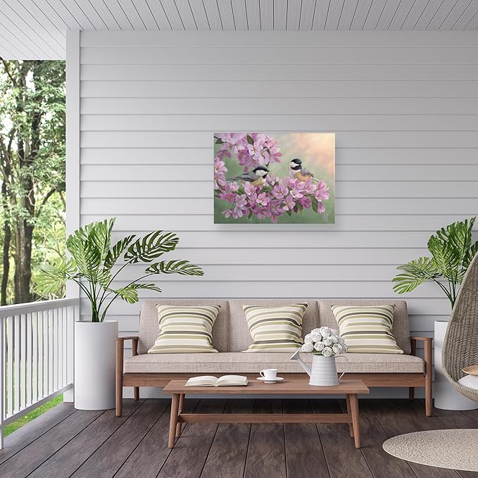 Outdoor Canvas Art - Jeff Hoff 'Spring Glow Chickadees' Wall Art for Outdoor Spaces, Patios, or Gardens by Trademark Fine Art