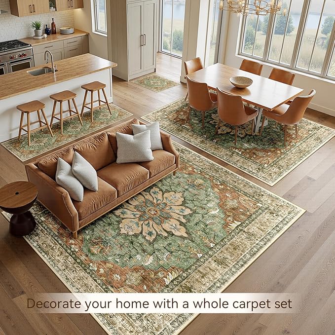 Area Rugs 6'x9' Washable Non-Slip, Floral Vintage Distress Print Pattern Medallion Carpet for Living Room Bedroom Dining Room, Brick Red Rust Neutral Brown Burnt Orange Green