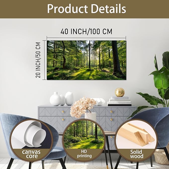 Tarfupth Large Forest Wall Art for Living Room Green Woodland Landscape with Sunlight Modern Nature Wall Decor for Bedroom Office Home Decor 20"x40"