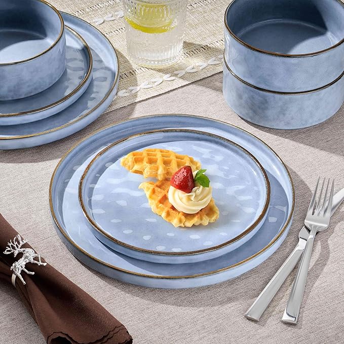 Herogo Dinnerware Sets for 6, 18 Pieces Ceramic Dishware for Kitchen Restaurant, Stoneware Plates and Bowls Sets, Dishwasher & Microwave Safe, Haze Blue